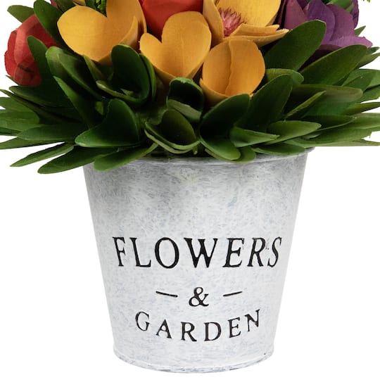 7.5" Wooden Artificial Spring Floral Arrangement with Flowers & Garden Pot